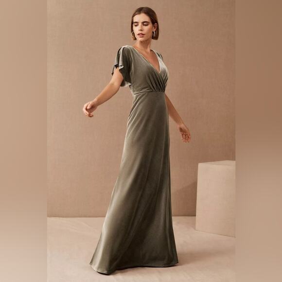 Jenny Yoo Anthro BHLDN Ellis Flutter-Sleeve Open-Back Velvet Gown Green Sz 10 - Picture 2 of 14